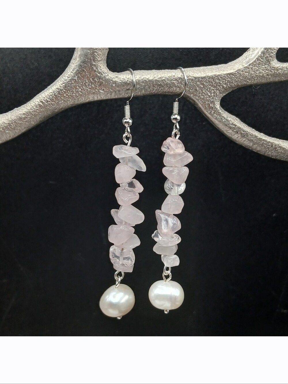 Handmade Rose Quartz Semi-Precious Stone Cultured Pearl Bead Dangled Earrings